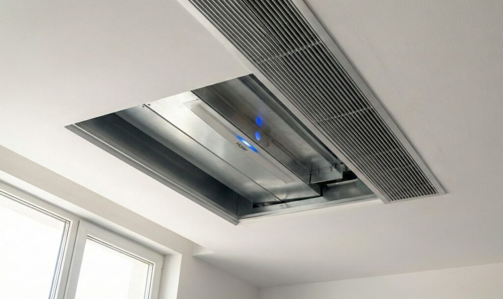 Haier high-static ducted AC indoor unit installed in Dubai villa false ceiling with fresh air intake