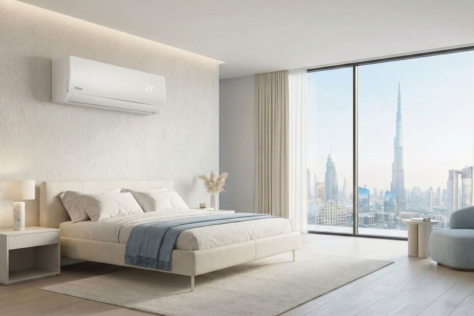 Haier Pearl T3 inverter split AC installed in Dubai apartment bedroom with hidden display and 3D airflow